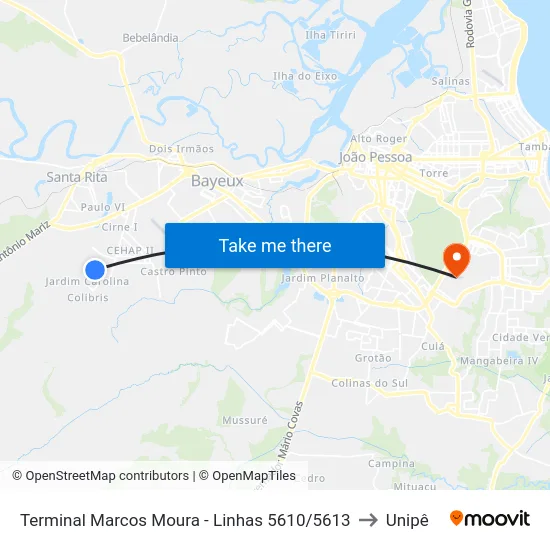 Terminal Marcos Moura - Linhas 5610/5613 to Unipê map