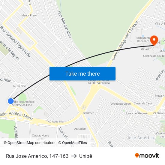 Rua Jose Americo, 147-163 to Unipê map