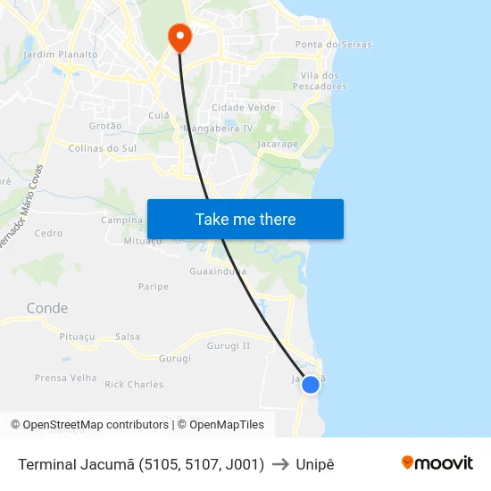 Terminal Jacumã (5105, 5107, J001) to Unipê map