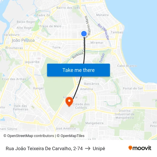 Rua João Teixeira De Carvalho, 2-74 to Unipê map