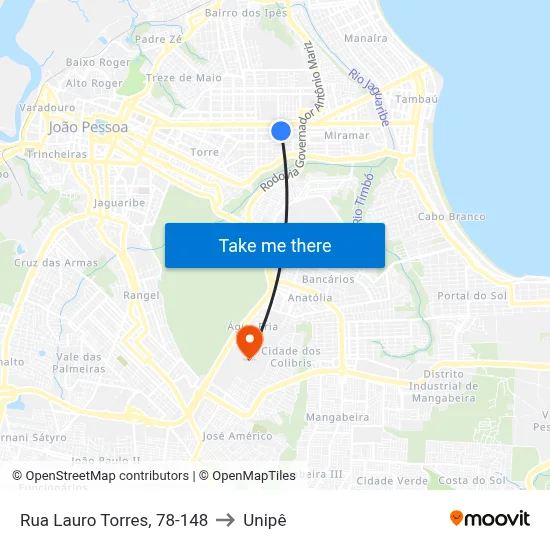 Rua Lauro Torres, 78-148 to Unipê map