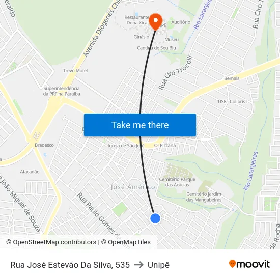 Rua José Estevão Da Silva, 535 to Unipê map