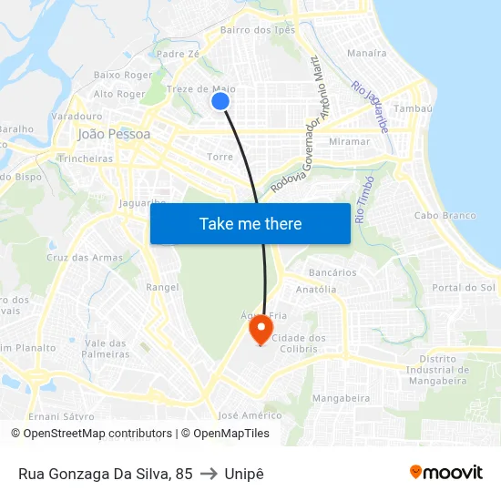 Rua Gonzaga Da Silva, 85 to Unipê map