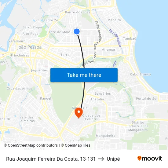 Rua Joaquim Ferreira Da Costa, 13-131 to Unipê map