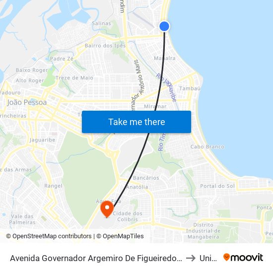 Avenida Governador Argemiro De Figueiredo, 354 to Unipê map