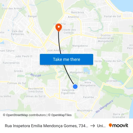 Rua Inspetora Emília Mendonça Gomes, 734-754 to Unipê map