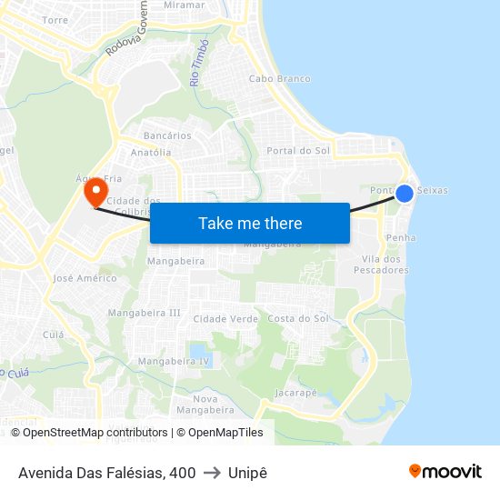 Avenida Das Falésias, 400 to Unipê map