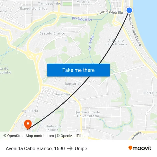 Avenida Cabo Branco, 1690 to Unipê map
