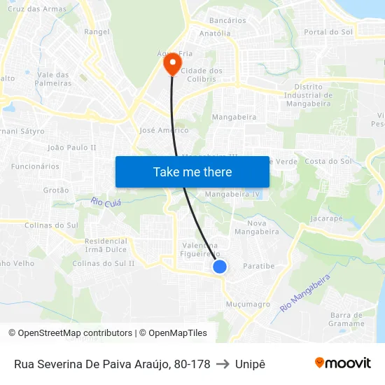 Rua Severina De Paiva Araújo, 80-178 to Unipê map