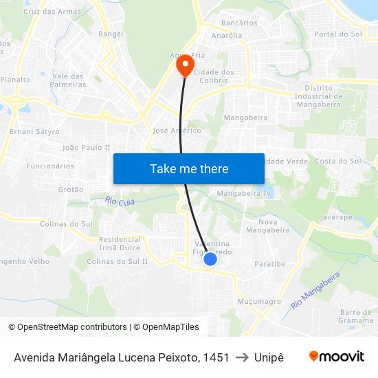 Avenida Mariângela Lucena Peixoto, 1451 to Unipê map