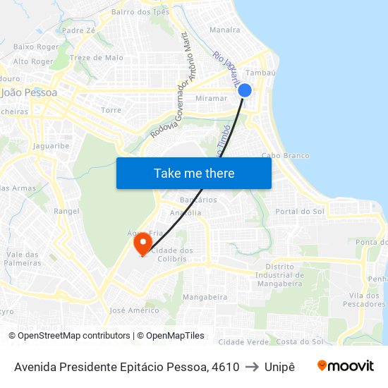 Avenida Presidente Epitácio Pessoa, 4610 to Unipê map