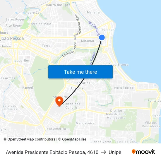 Avenida Presidente Epitácio Pessoa, 4610 to Unipê map