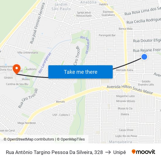 Rua Antônio Targino Pessoa Da Silveira, 328 to Unipê map
