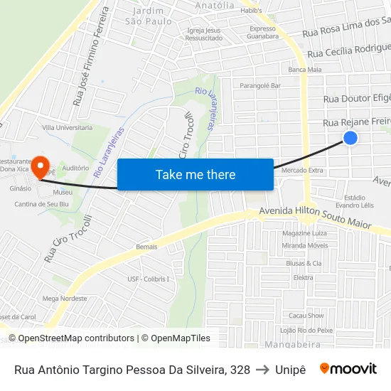 Rua Antônio Targino Pessoa Da Silveira, 328 to Unipê map