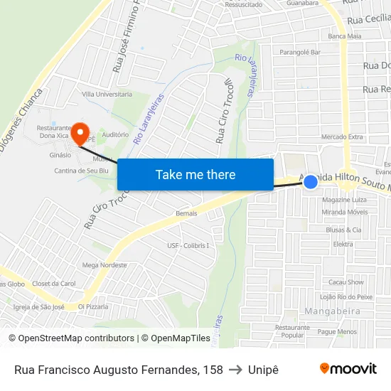 Rua Francisco Augusto Fernandes, 158 to Unipê map