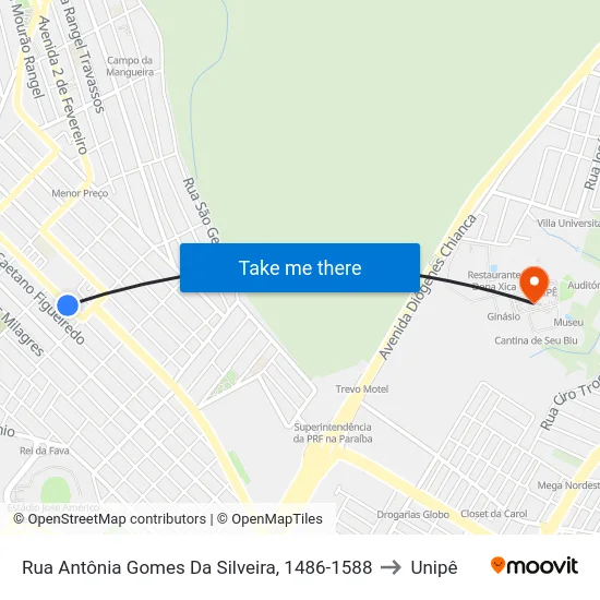 Rua Antônia Gomes Da Silveira, 1486-1588 to Unipê map