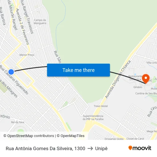 Rua Antônia Gomes Da Silveira, 1300 to Unipê map