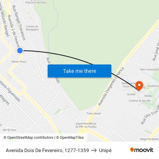 Avenida Dois De Fevereiro, 1277-1359 to Unipê map
