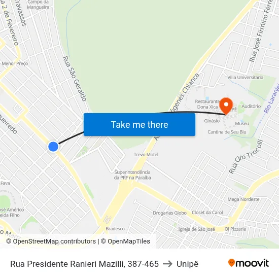 Rua Presidente Ranieri Mazilli, 387-465 to Unipê map