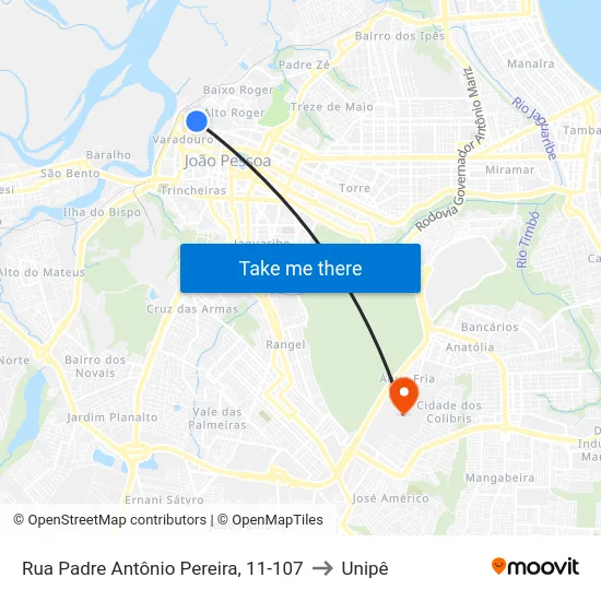 Rua Padre Antônio Pereira, 11-107 to Unipê map
