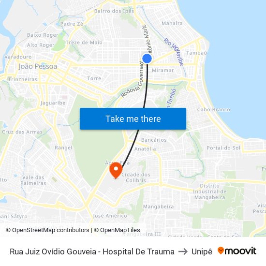 Rua Juiz Ovídio Gouveia - Hospital De Trauma to Unipê map