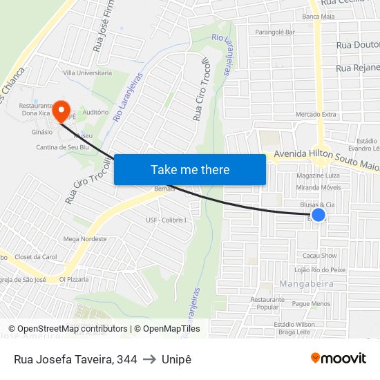 Rua Josefa Taveira, 344 to Unipê map