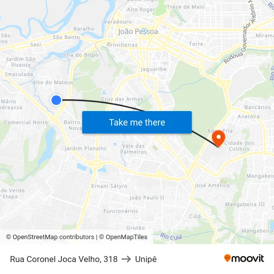 Rua Coronel Joca Velho, 318 to Unipê map