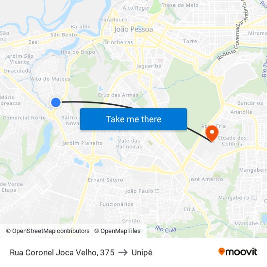 Rua Coronel Joca Velho, 375 to Unipê map