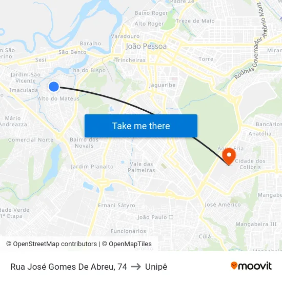 Rua José Gomes De Abreu, 74 to Unipê map