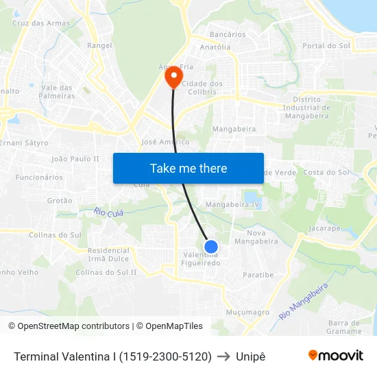 Terminal Valentina I (1519-2300-5120) to Unipê map