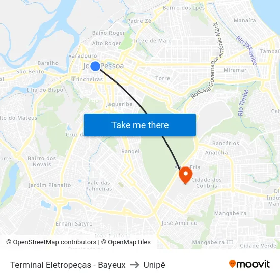 Terminal Eletropeças - Bayeux to Unipê map