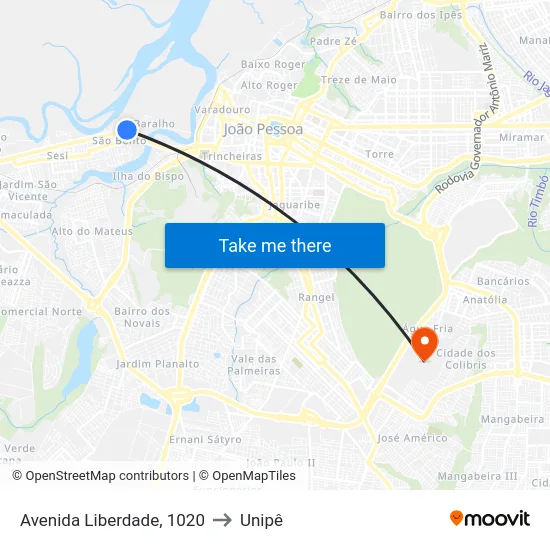 Avenida Liberdade, 1020 to Unipê map