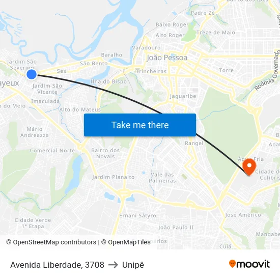 Avenida Liberdade, 3708 to Unipê map