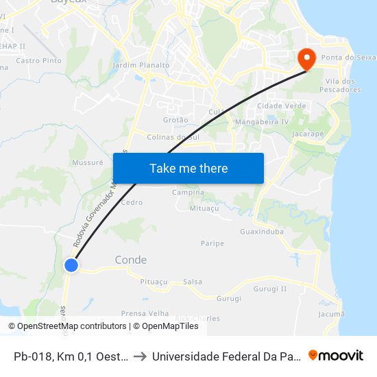 Pb-018, Km 0,1 Oeste - Entrada Do Conde to Universidade Federal Da Paraíba - Campus Mangabeira map