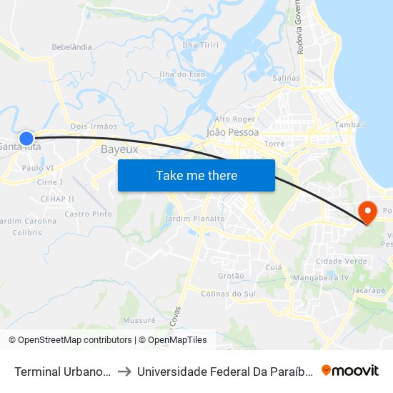 Terminal Urbano De Santa Rita to Universidade Federal Da Paraíba - Campus Mangabeira map