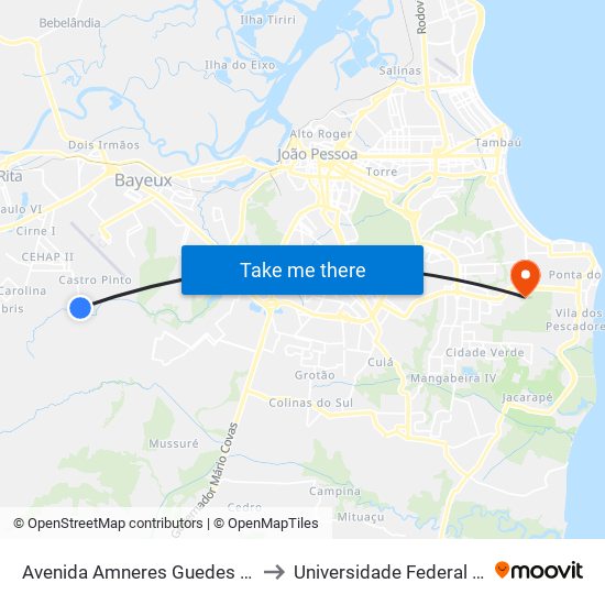 Avenida Amneres Guedes Santiago, 923 - Terminal Heitel Santiago to Universidade Federal Da Paraíba - Campus Mangabeira map