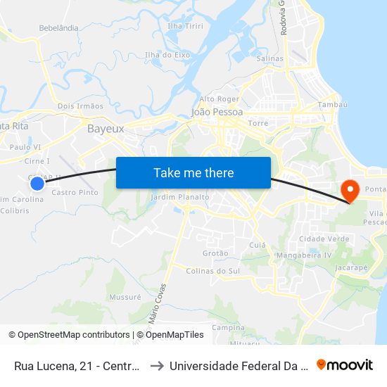 Rua Lucena, 21 - Centro De Reabilitação / Upa Tibiri to Universidade Federal Da Paraíba - Campus Mangabeira map