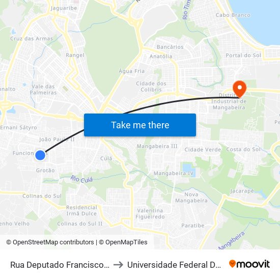 Rua Deputado Francisco Serafico Da Nóbrega Filho, 383 to Universidade Federal Da Paraíba - Campus Mangabeira map