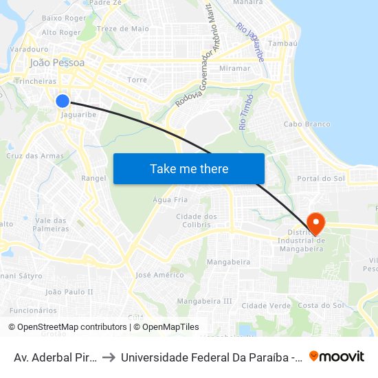 Av. Aderbal Piragibe, 182 to Universidade Federal Da Paraíba - Campus Mangabeira map