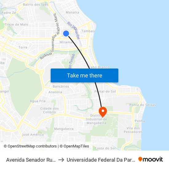 Avenida Senador Ruy Carneiro, 607-711 to Universidade Federal Da Paraíba - Campus Mangabeira map