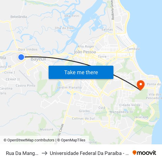 Rua Da Mangueira, 431 to Universidade Federal Da Paraíba - Campus Mangabeira map