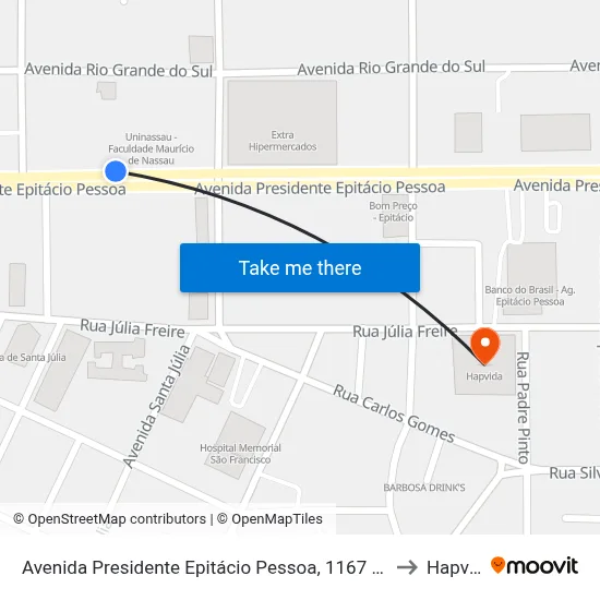 Avenida Presidente Epitácio Pessoa, 1167 - Uninassau to Hapvida map