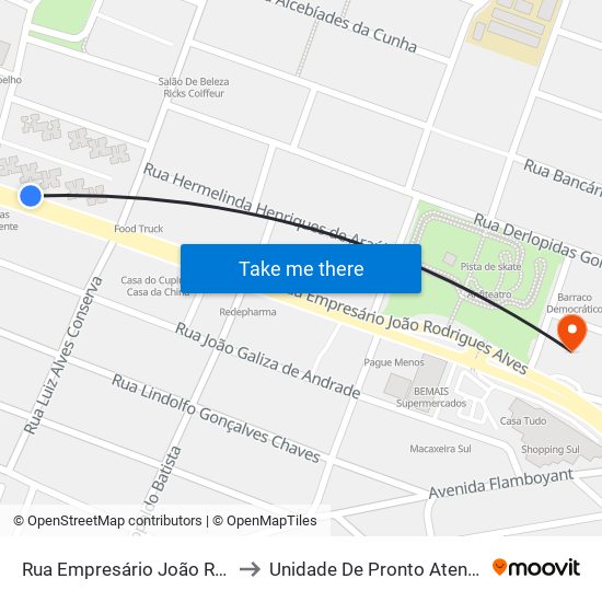 Rua Empresário João Rodrigues Alves, 24 to Unidade De Pronto Atendimento Bancários map