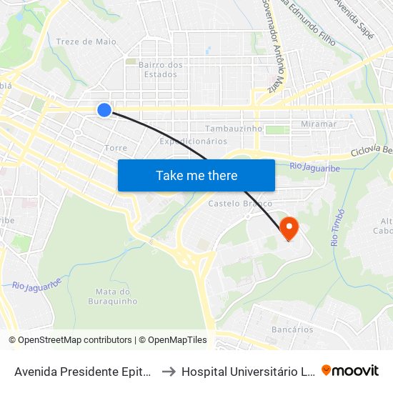 Avenida Presidente Epitácio Pessoa, 782 to Hospital Universitário Lauro Wanderley map