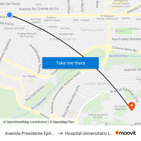 Avenida Presidente Epitácio Pessoa, 955 to Hospital Universitário Lauro Wanderley map