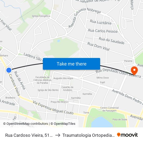 Rua Cardoso Vieira, 51 | Parada 5 to Traumatologia Ortopedia da Paraiba map