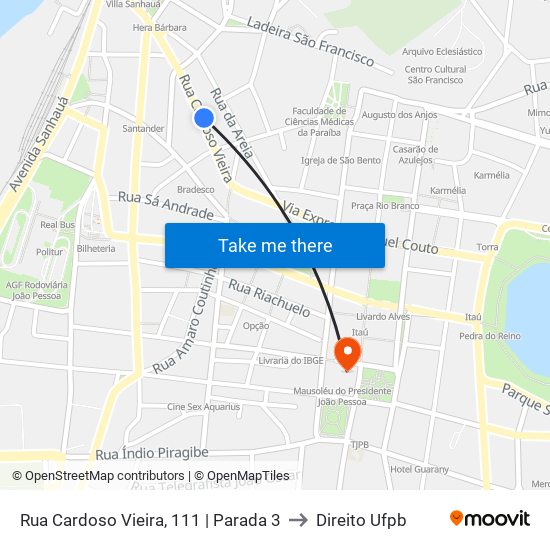 Rua Cardoso Vieira, 111 | Parada 3 to Direito Ufpb map