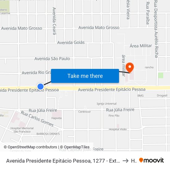 Avenida Presidente Epitácio Pessoa, 1277 - Extra Bairro Dos Estados (Sentido Centro) to Hgu map