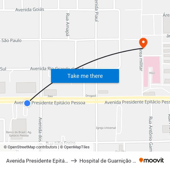 Avenida Presidente Epitácio Pessoa, 1634 to Hospital de Guarnição de João Pessoa map