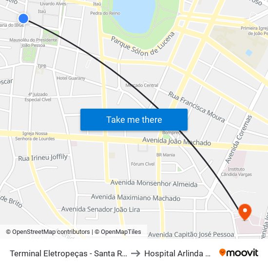 Terminal Eletropeças - Santa Rita / Lucena to Hospital Arlinda Marques map